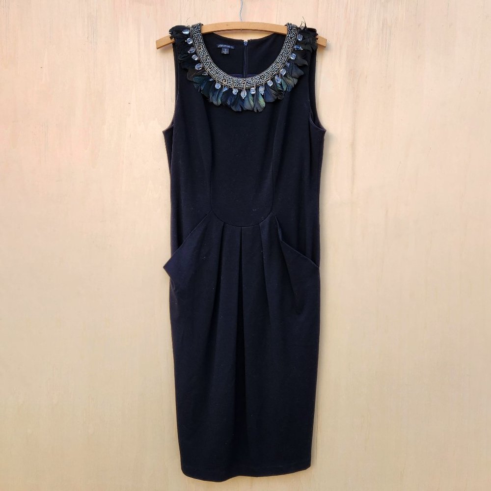 Lafayette 148 Black Ponte Knit Dress with Pockets and Embellished Neckline - 10